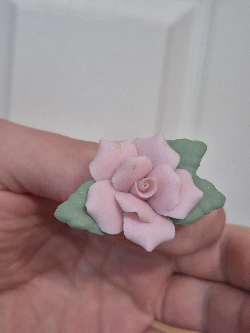 Pastel porcelain pink rose Brooch pin with green leaves